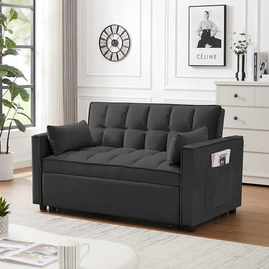 55 Inch Convertible Sleeper Sofa 3 in 1 Velvet Small Loveseat with Pull Out Bed, Reclining Backrest, Toss Pillows and Pockets