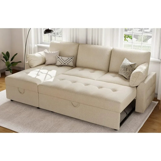 Pull Out Convertible Sofa Bed with Storage Chaise, Tufted Sleeper Sectional Couch for Living Room,Optimum Comfort (Beige)