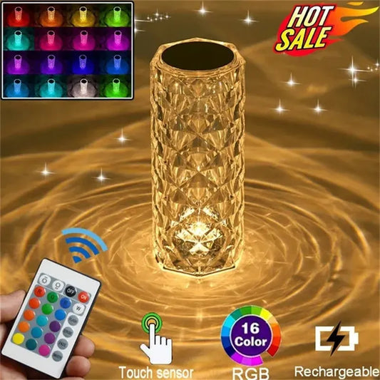 3/16 Colors LED Crystal Table Lamp Rose Light Projector Touch