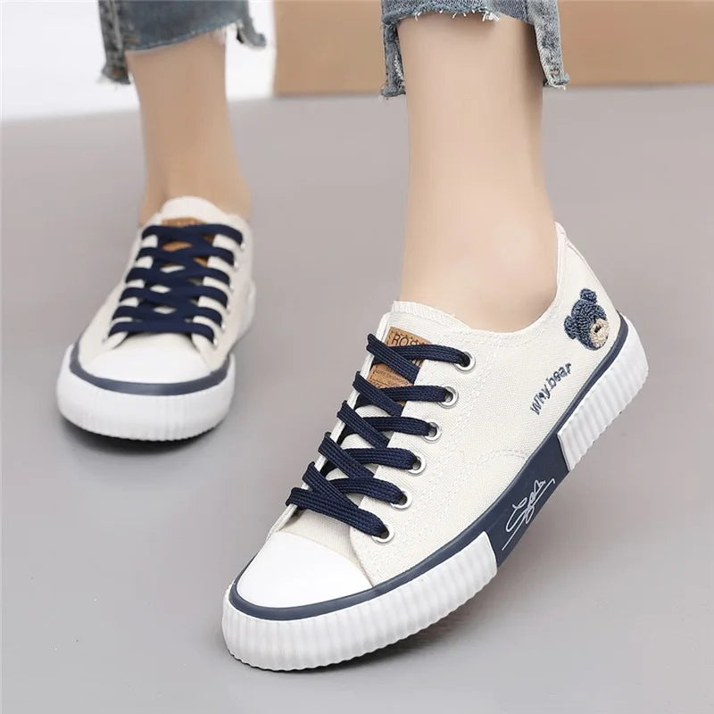 Comemore High-top Canvas Woman Vulcanized Shoes Flats Casual Espadrilles for Women Spring Lady Black White Bear Lace Up Sneakers