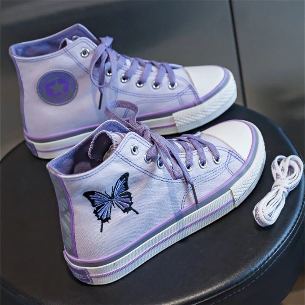 New Women Canvas Shoes Fashion Butterfly Embroidered Reflective Flat Sneakers 2023 Summer Comfy High Top Woman Vulcanized Shoes