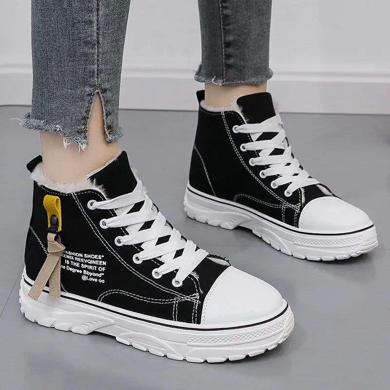 High-top Canvas Shoes For Women Winter Ankle Boots 2022 Student Flat Casual Sneakers Woman Plus Velvet Thicken Warm Cotton Shoes