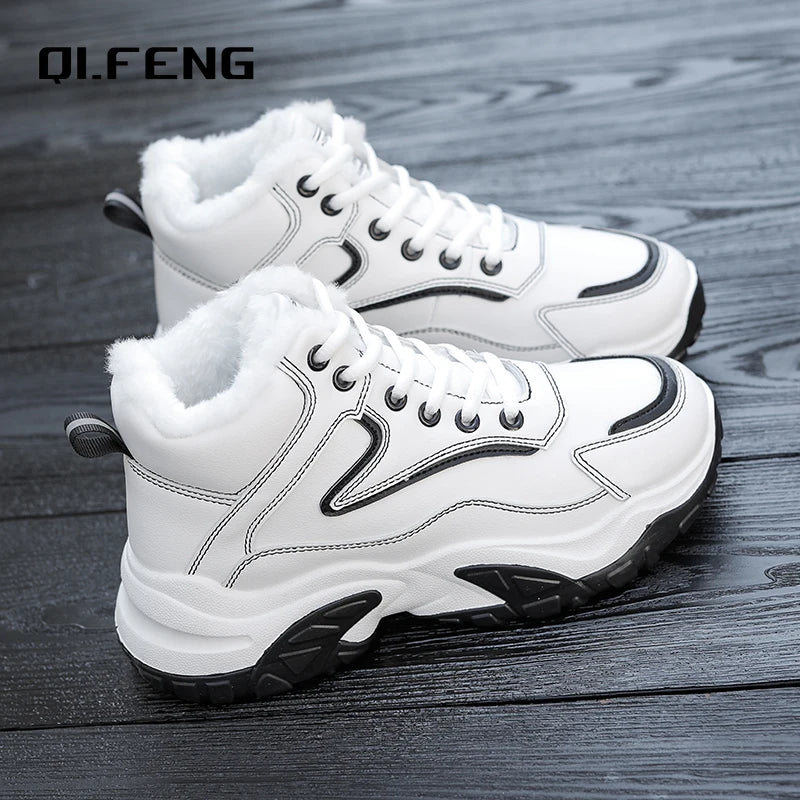 New Popular Versatile High Top Thick Sole Plush Shoes Student Warm Women's Fashion Footwear Winter White Leather Sneaker 35-40