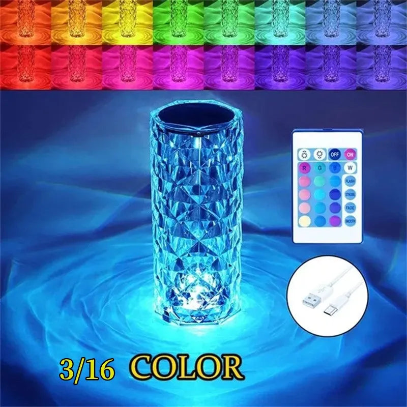 3/16 Colors LED Crystal Table Lamp Rose Light Projector Touch