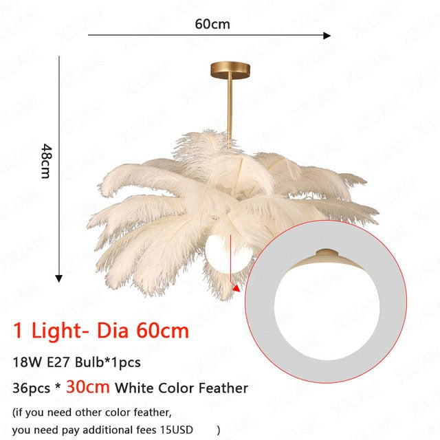 Nordic White Ostrich Feather Pendant Light Modern Led Ceiling Chandelier