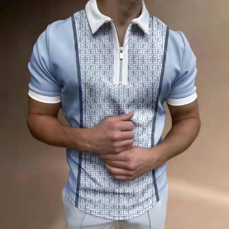 New Summer High Quality Men Polo Shirts High Street Print Casual Short Sleeve Mens Shirts Turn-Down Collar Zipper Polo Shirt Men