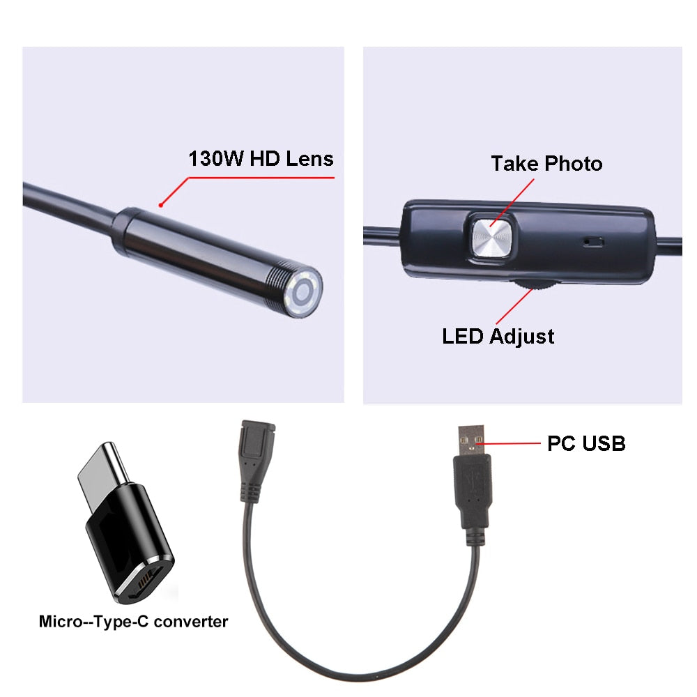 1m/1.5m/2m Endoscope Camera Waterproof Endoscope Borescope Adjustable Soft Wire 7mm Android Type-C USB Inspection Camea for Car