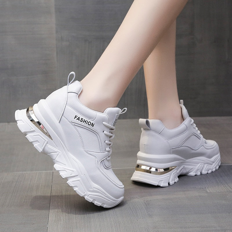 Rimocy White PU Leather Chunky Sneakers Women Autumn Winter Platform Vulcanize Shoes Woman Thick Bottom Hidden Heels Sport Shoes