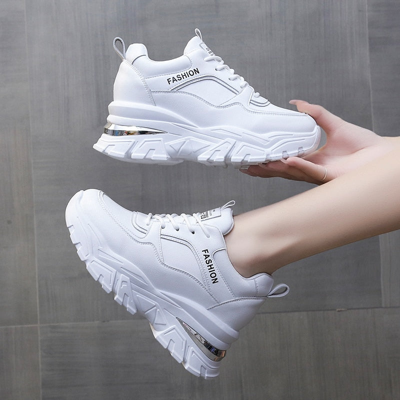 Rimocy White PU Leather Chunky Sneakers Women Autumn Winter Platform Vulcanize Shoes Woman Thick Bottom Hidden Heels Sport Shoes