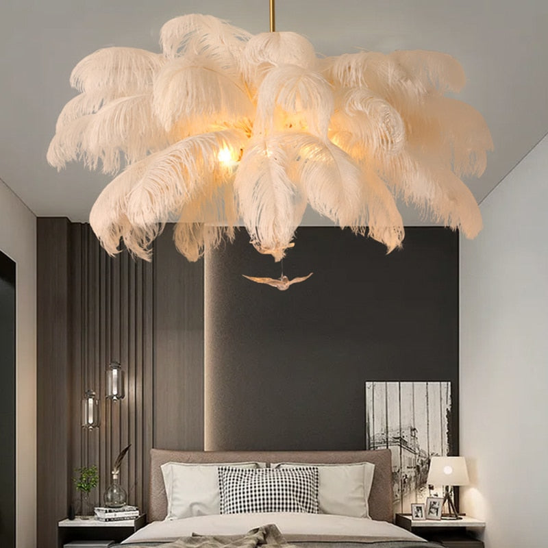 Nordic White Ostrich Feather Pendant Light Modern Led Ceiling Chandelier