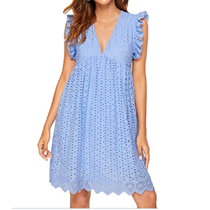 V-neck Summer Short Sleeve Lace Dress Hollow Casual Dress Women Party Dresses Ladies 2022 A Line Vestidos Robe with Pocket 21092
