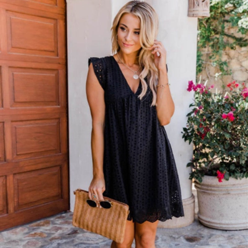 V-neck Summer Short Sleeve Lace Dress Hollow Casual Dress Women Party Dresses Ladies 2022 A Line Vestidos Robe with Pocket 21092