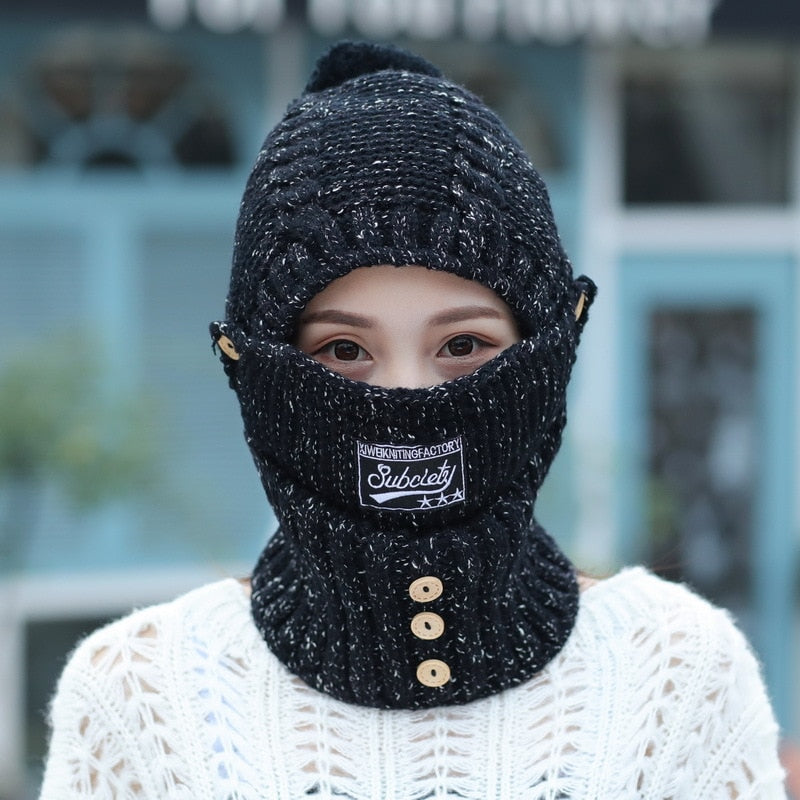 New Wool Knitted Hat Scarf Sets Women Windproof Winter Outdoor Knit Thick Siamese Scarf Collar Warm Keep Face Warmer Beanies Hat