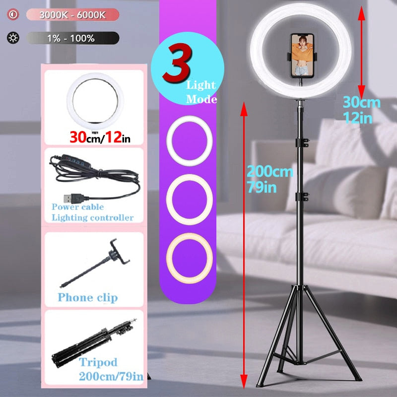 Round Dimmable Ring Light Lamp Tripod Phone