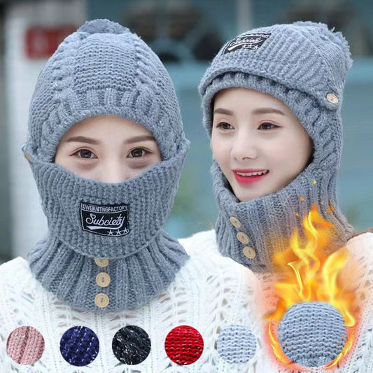New Wool Knitted Hat Scarf Sets Women Windproof Winter Outdoor Knit Thick Siamese Scarf Collar Warm Keep Face Warmer Beanies Hat