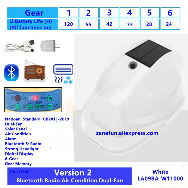 Solar Fan Saftey Helmet With Bluetooth FM Radio Air Condition LED Light