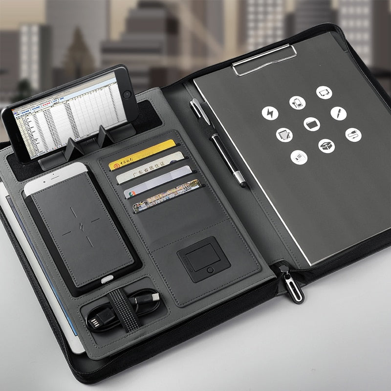 A4 zipped notebook with 5000 mAh wire/wireless charging power
